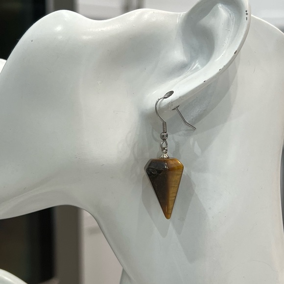 South African Tiger’s Eye Hexagonal Silver Drop Earrings - Picture 3 of 11